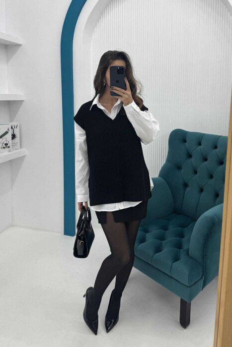 V NECK ONE COLOR SIMPLE WOMEN VEST BLACK/ E ZEZE - 3