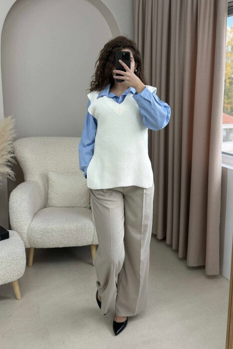 V NECK ONE COLOR SIMPLE WOMEN VEST CREAM/KREM - 2
