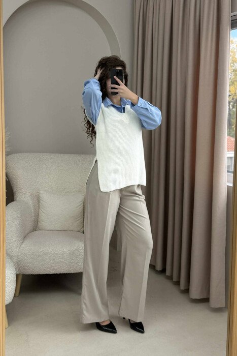 V NECK ONE COLOR SIMPLE WOMEN VEST CREAM/KREM - 4