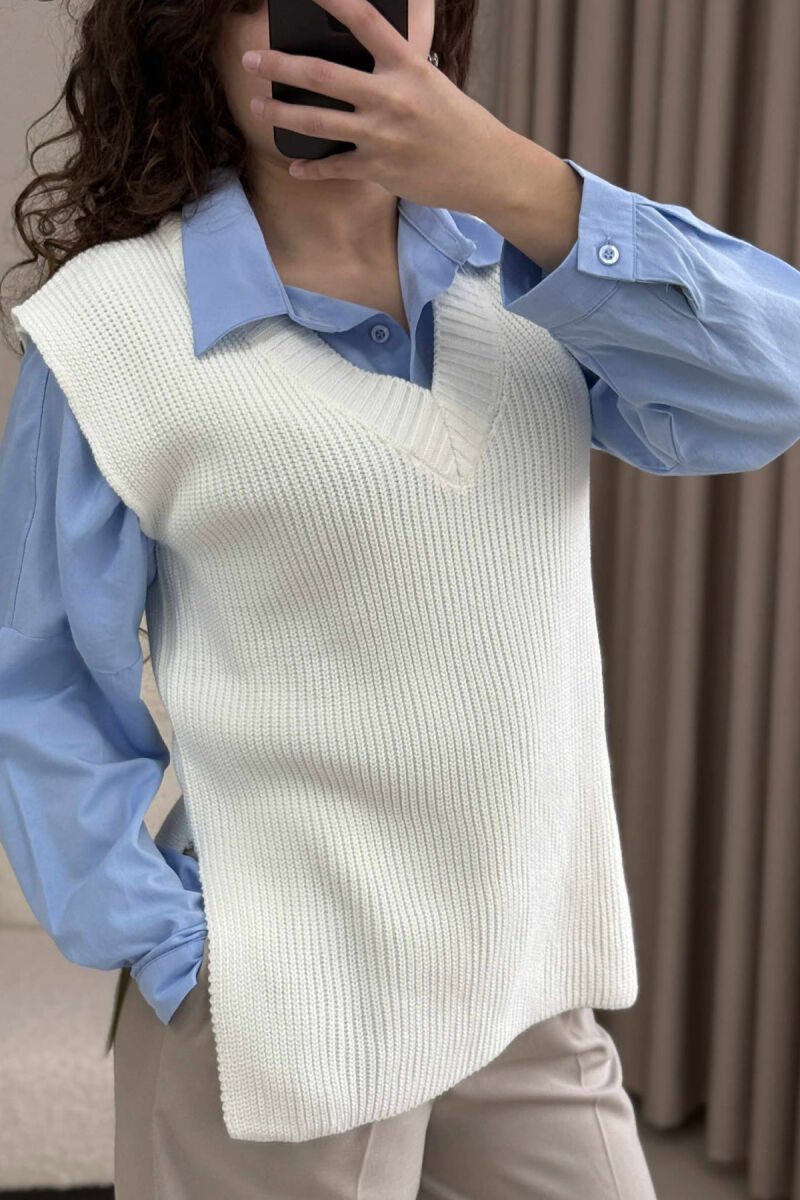 V NECK ONE COLOR SIMPLE WOMEN VEST CREAM/KREM - 1