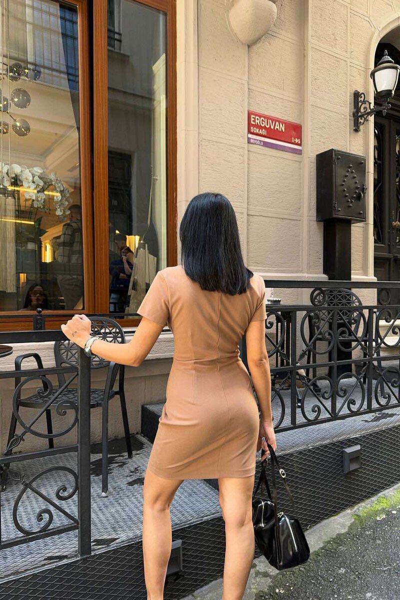 V NECK ONE COLOR WOMEN DRESS LIGHT BROWN/KAZB - 8