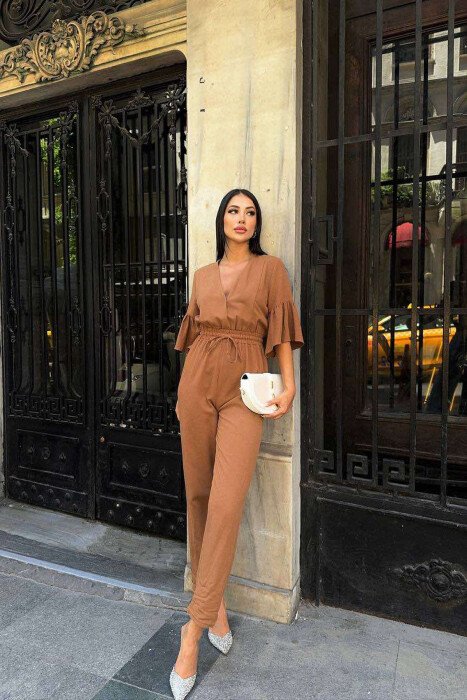 V NECK ONE COLOR WOMEN JUMPSUIT BROWN/KAFE - 2