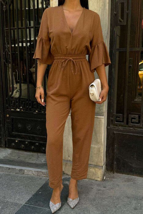 V NECK ONE COLOR WOMEN JUMPSUIT BROWN/KAFE - 4