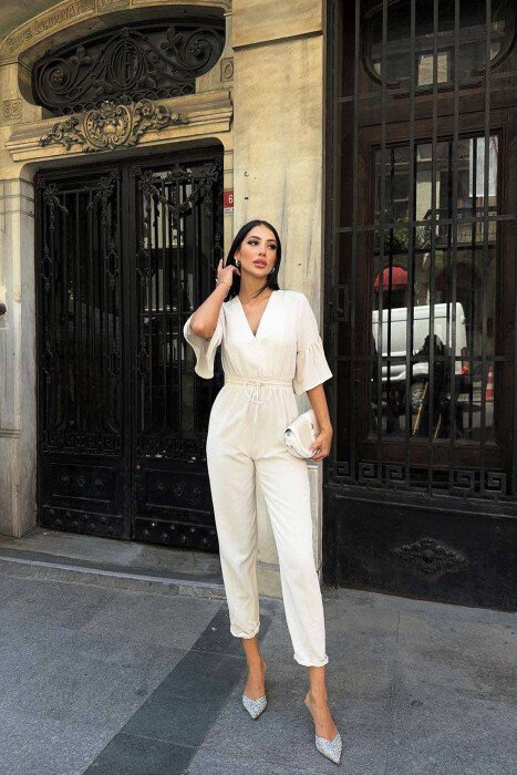 V NECK ONE COLOR WOMEN JUMPSUIT CREAM/KREM - 2