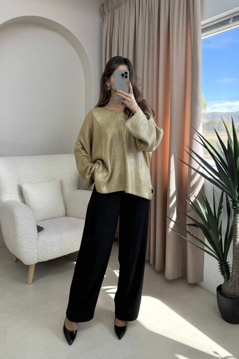 V NECK ONE COLOR WOMEN SWEATER BEIGE/BEZHE - 1