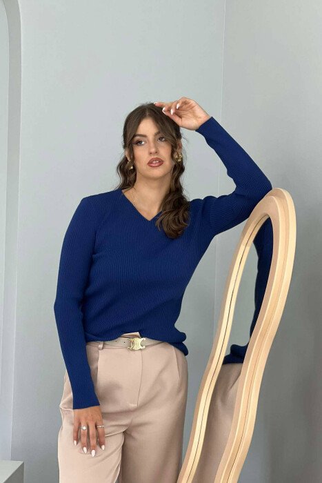 V NECK ONE COLOR WOMEN SWEATER BLUE/BLU - 1