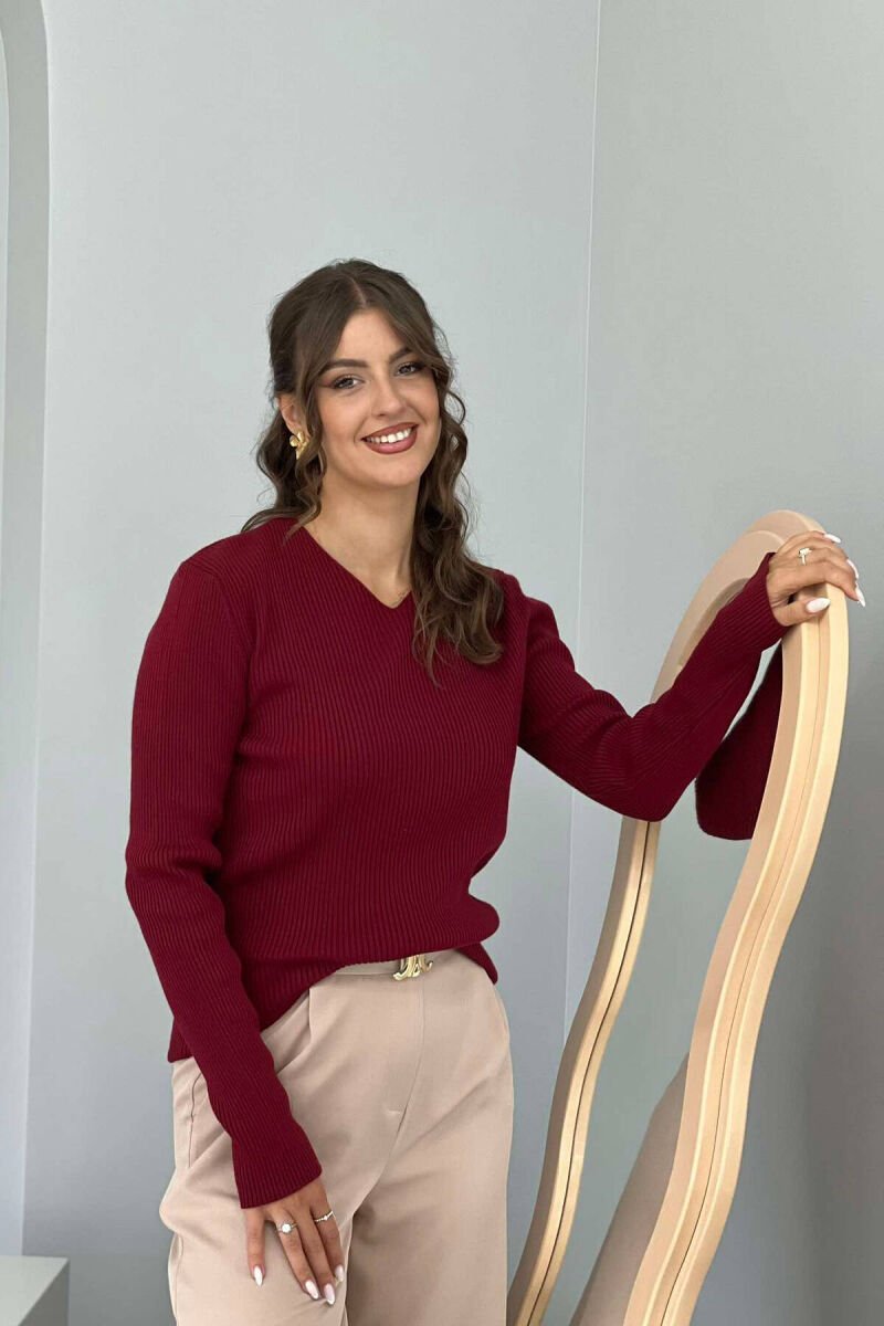 V NECK ONE COLOR WOMEN SWEATER BURGUNDY/VISHNJE - 1