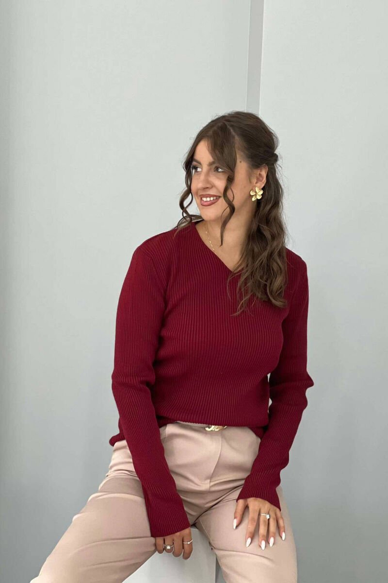 V NECK ONE COLOR WOMEN SWEATER BURGUNDY/VISHNJE - 2