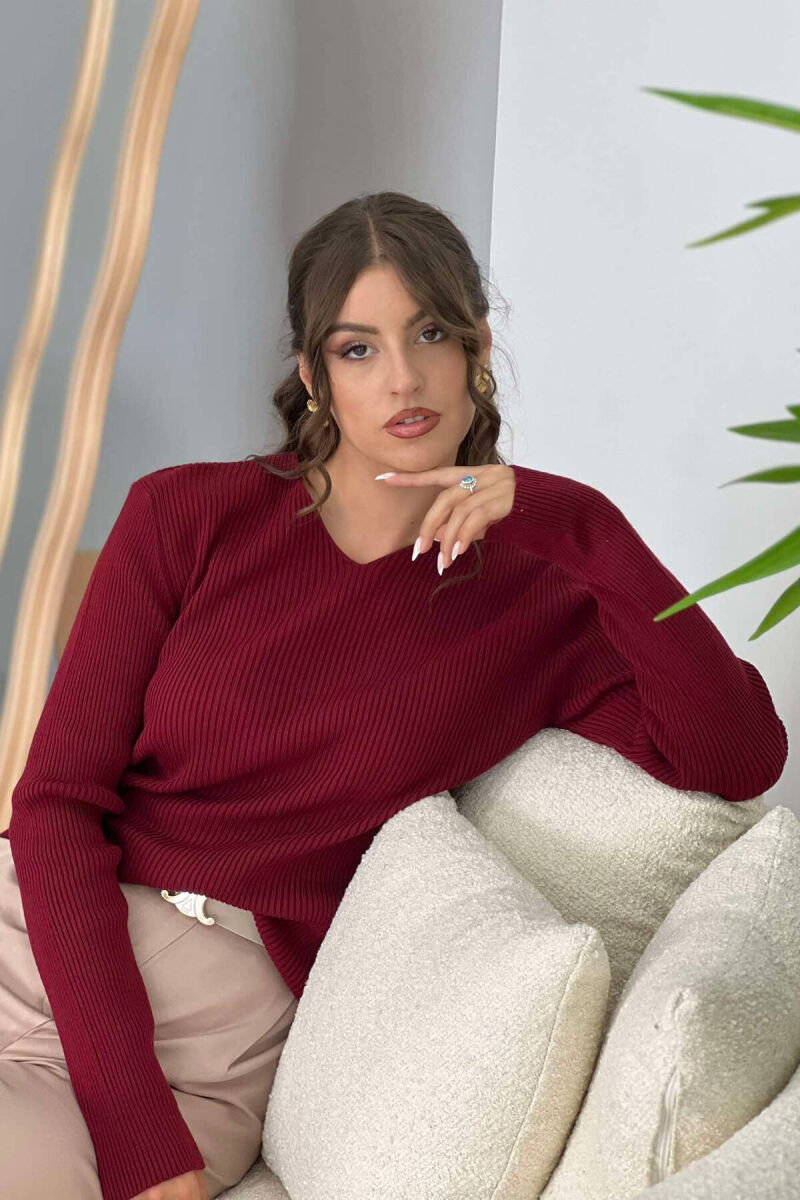 V NECK ONE COLOR WOMEN SWEATER BURGUNDY/VISHNJE - 3