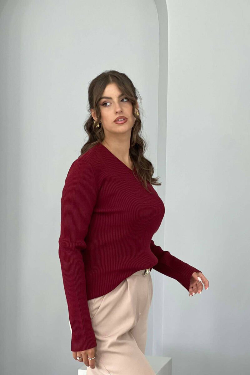 V NECK ONE COLOR WOMEN SWEATER BURGUNDY/VISHNJE - 5