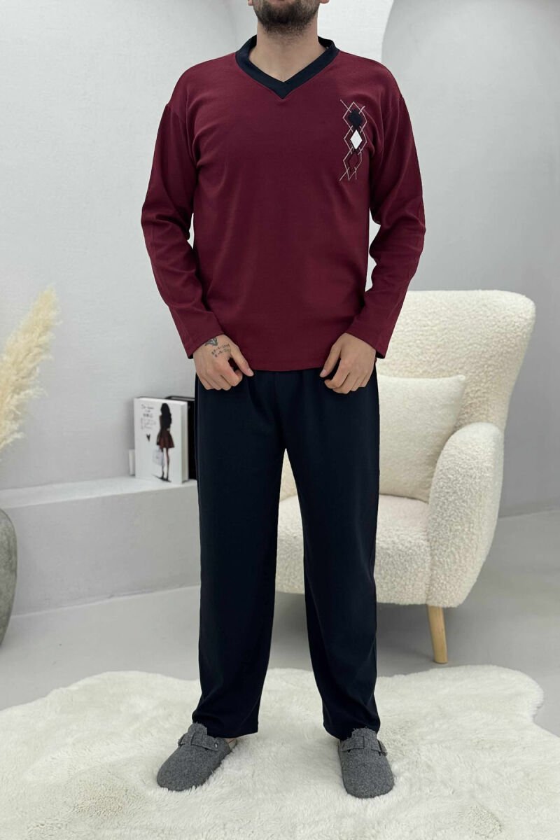V NECK RHOMBUS LOGO SWEATSHIRT+SWEATPANTS MEN PYJAMAS BURGUNDY/VISHNJE - 1