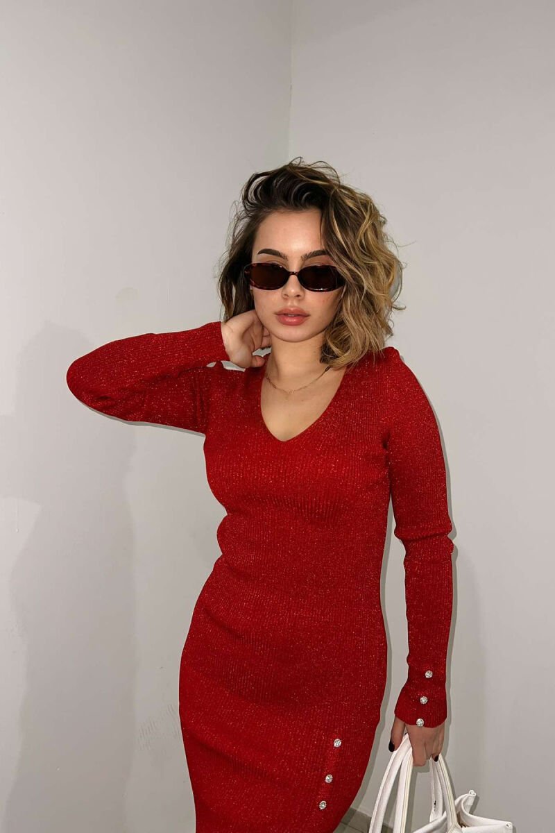 V NECK SHINY WOMEN DRESS RED/E KUQE - 6