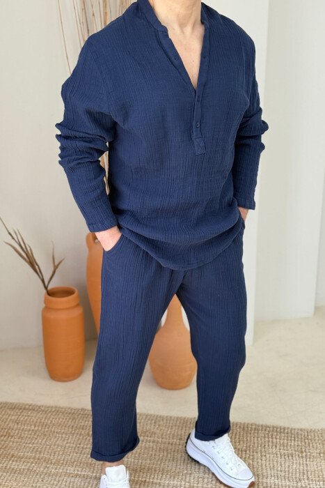 V NECK SHIRT+PANTS ONE COLOR MEN SET DARK BLUE/BEE - KLAUDIO FASHION