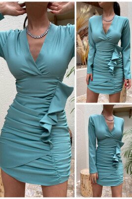 V NECK SHORT LONG SLEEVE DRESS MINT/MENTE 