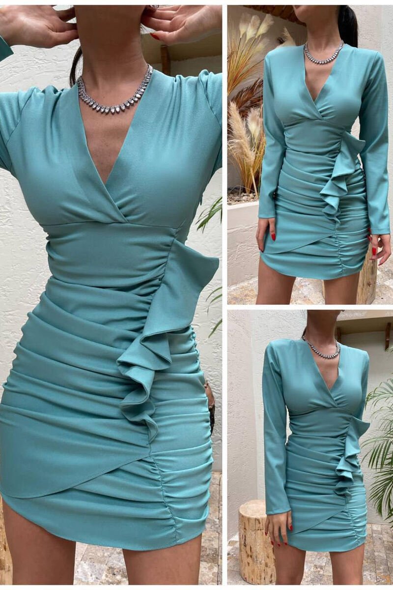 V NECK SHORT LONG SLEEVE DRESS MINT/MENTE - 1