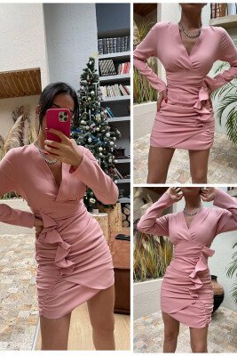 V NECK SHORT LONG SLEEVE DRESS POWDER/PUDER - KLAUDIO FASHION