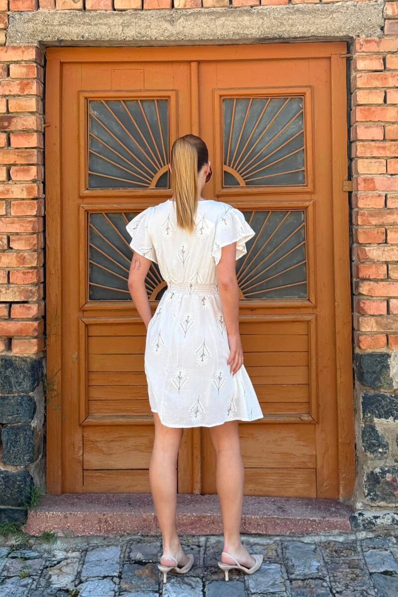 V-NECK SHORT SLEEVE WOMAN DRESS WHITE-BROWN/BAKA - 3