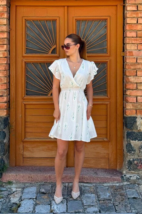 V-NECK SHORT SLEEVE WOMAN DRESS WHITE/GREEN-BAJE - 2