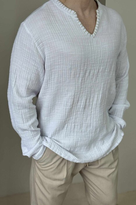 V NECK SIMPLE MEN SHIRT WHITE-E BARDHE - KLAUDIO FASHION