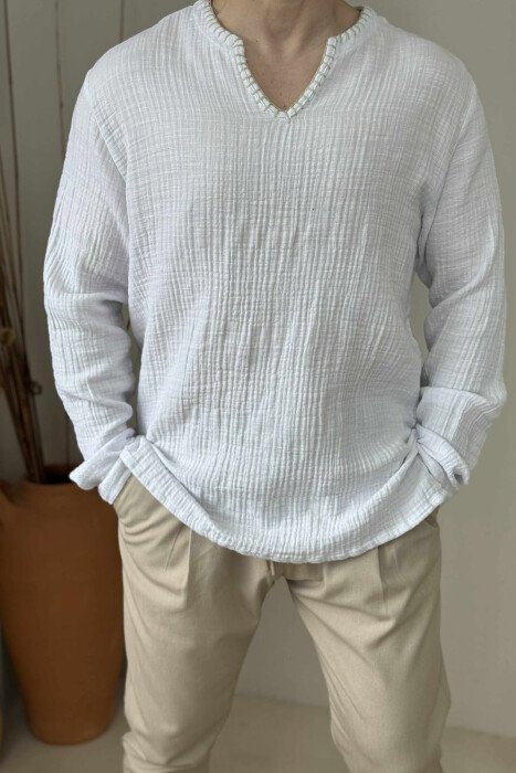 V NECK SIMPLE MEN SHIRT WHITE-E BARDHE - 4