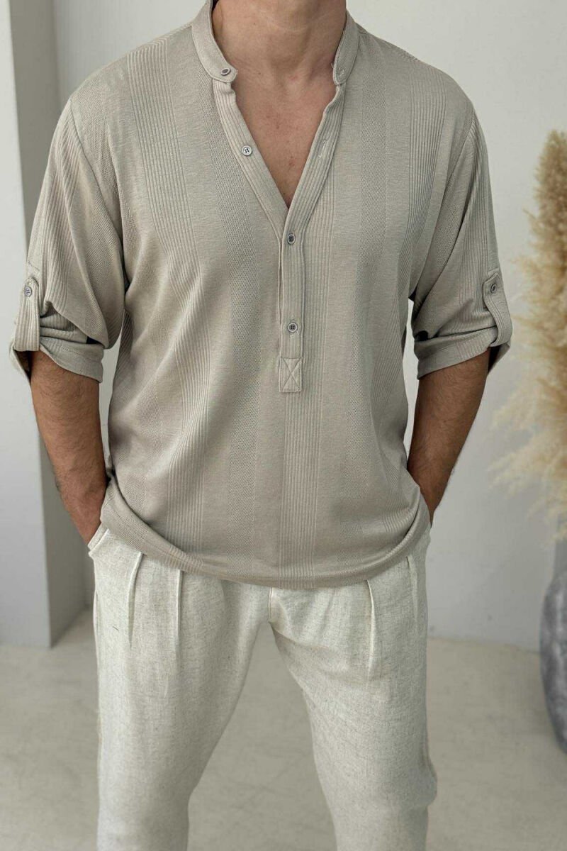 V NECK SIMPLE MEN T-SHIRT BEIGE/BEZHE - 3