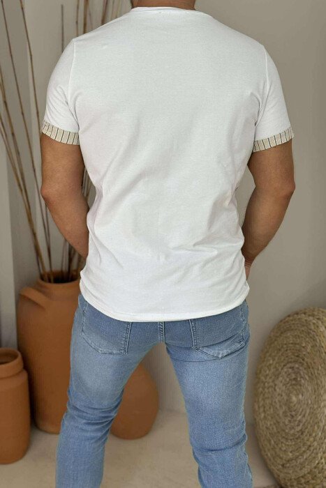 V NECK SIMPLE MEN T-SHIRT WHITE-BEIGE/BABZH - 3