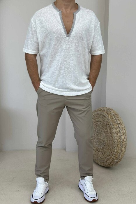 V NECK SIMPLE MEN T-SHIRT WHITE-E BARDHE - 