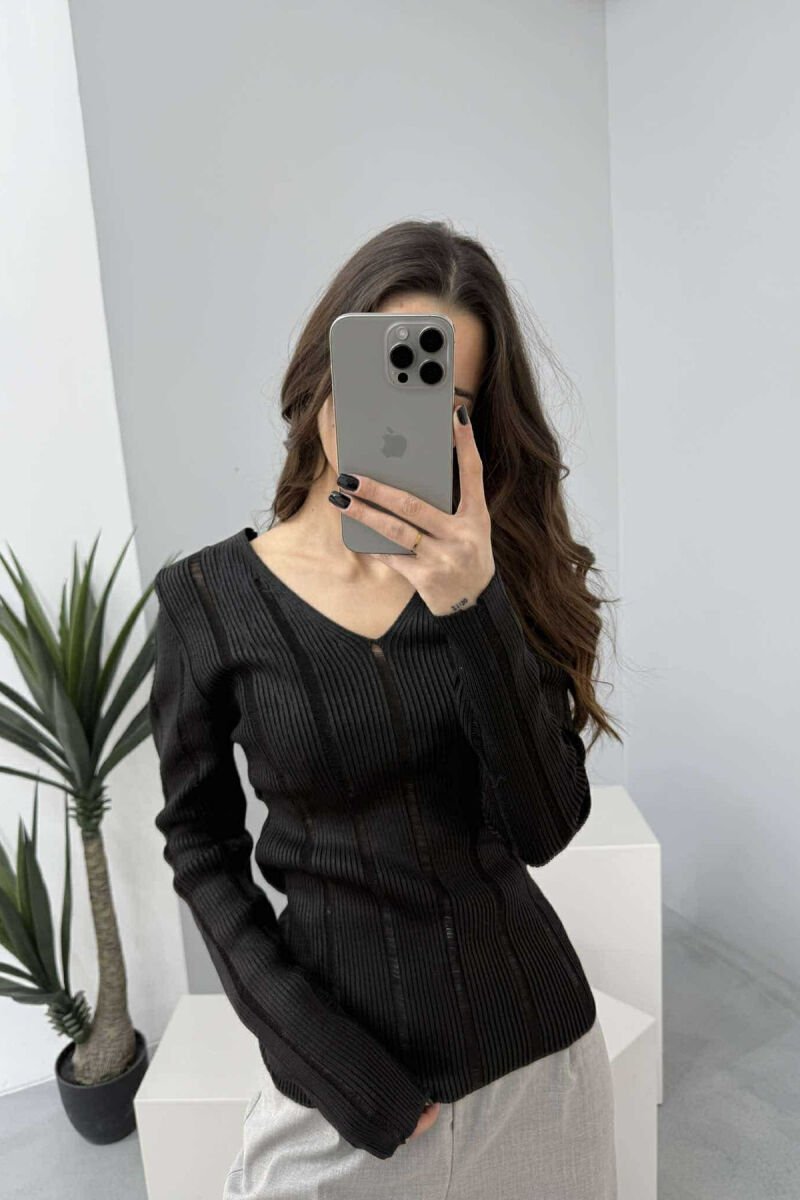 V NECK SIMPLE SHINY WOMEN SWEATER BLACK/ E ZEZE - 1