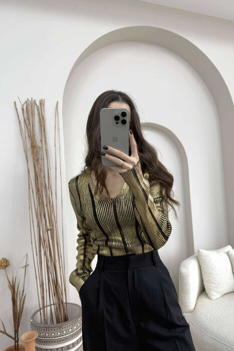 V NECK SIMPLE SHINY WOMEN SWEATER GOLDEN ROD/GOLD - KLAUDIO FASHION