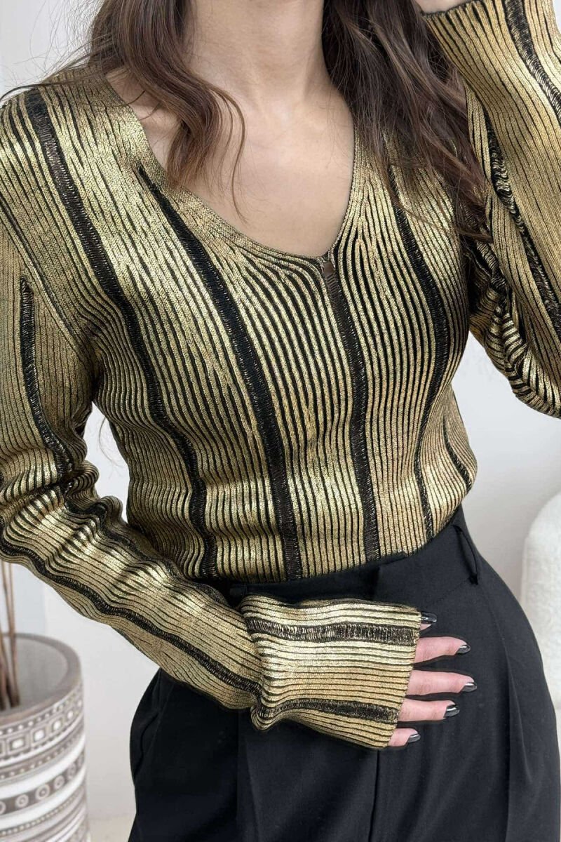 V NECK SIMPLE SHINY WOMEN SWEATER GOLDEN ROD/GOLD - 4