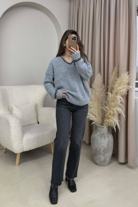 V NECK SIMPLE WOMEN SWEATER GREY/GRI - 1