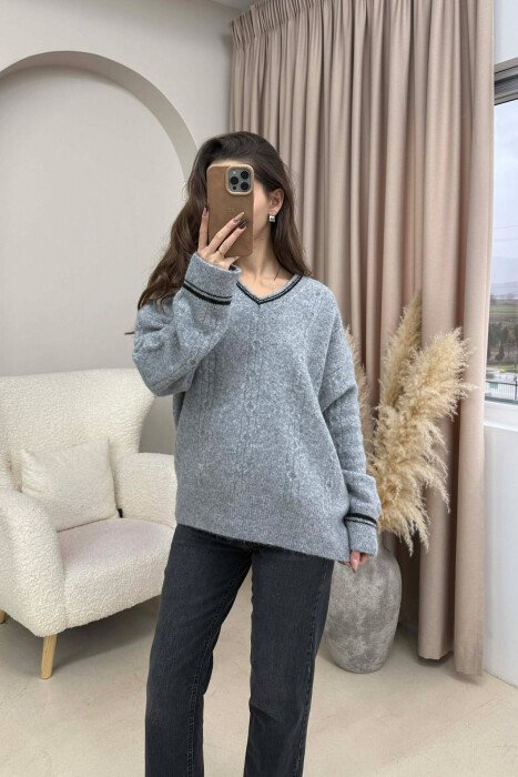 V NECK SIMPLE WOMEN SWEATER GREY/GRI - 2