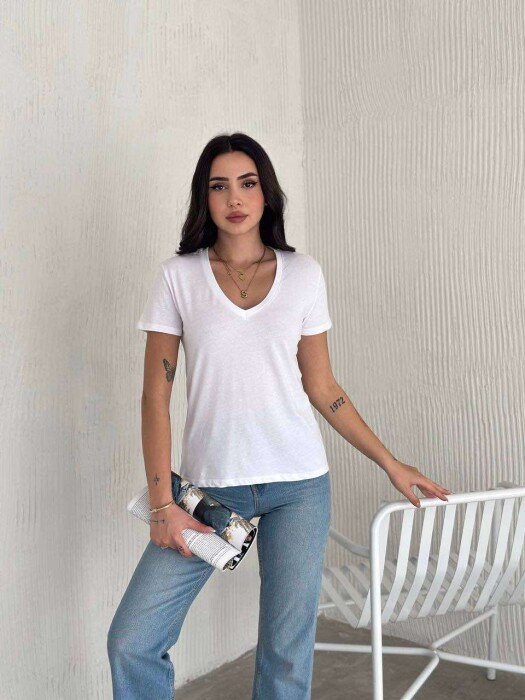 ONE COLOR V NECK SIMPLE WOMEN T-SHIRT WHITE-E BARDHE - KLAUDIO FASHION