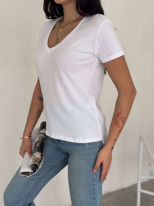 ONE COLOR V NECK SIMPLE WOMEN T-SHIRT WHITE-E BARDHE - 3