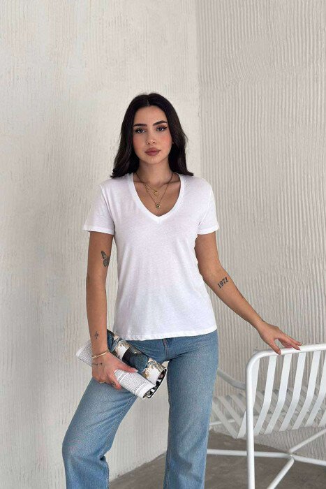 ONE COLOR V NECK SIMPLE WOMEN T-SHIRT WHITE-E BARDHE - 2
