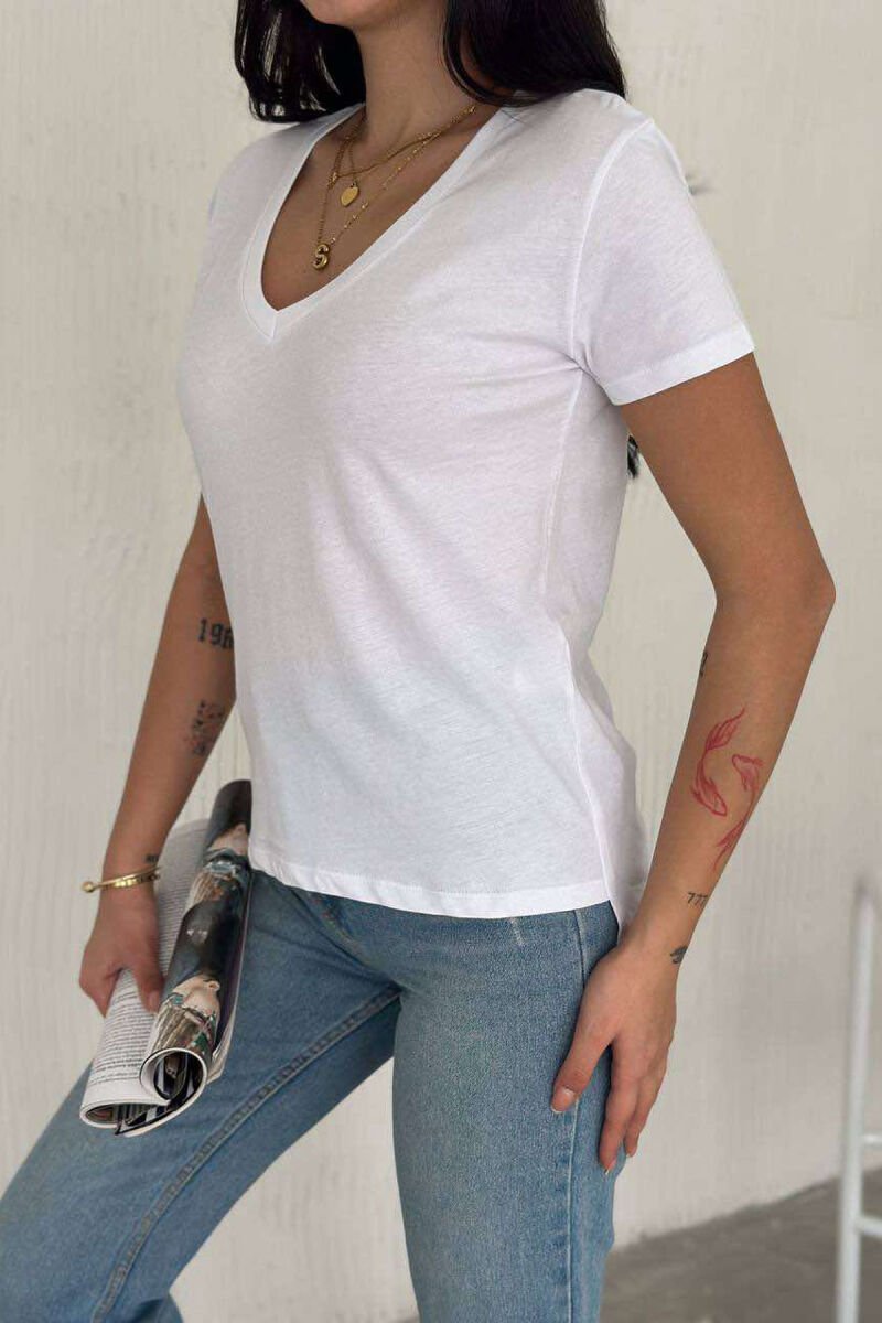 ONE COLOR V NECK SIMPLE WOMEN T-SHIRT WHITE-E BARDHE - 4