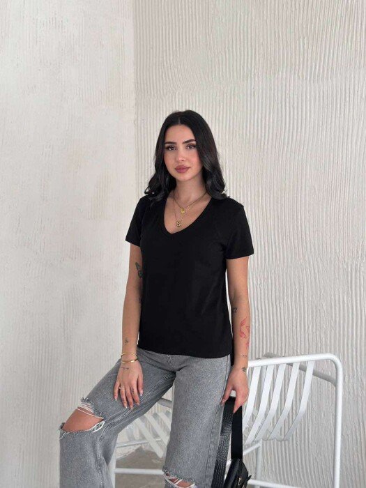 ONE COLOR V NECK SIMPLE WOMEN T-SHIRT BLACK/ E ZEZE - 2