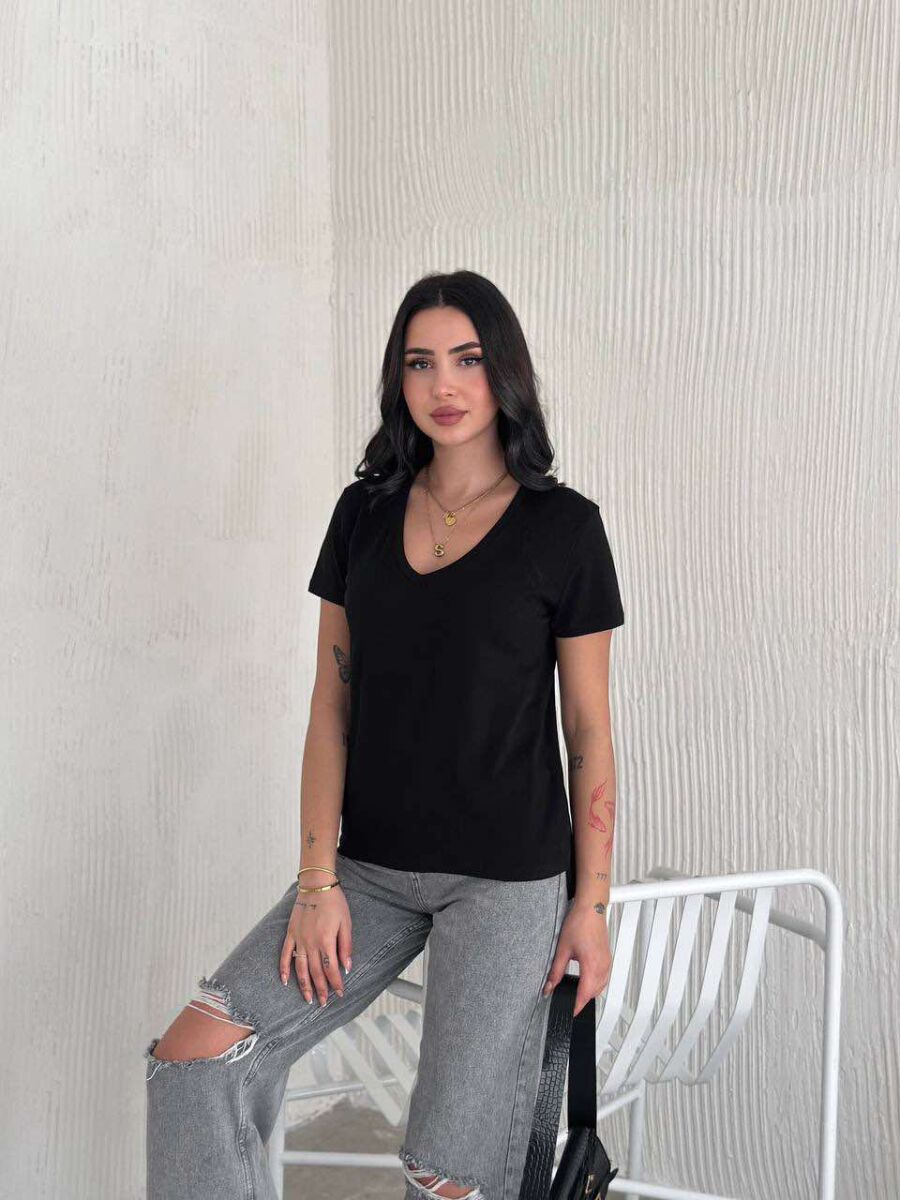 ONE COLOR V NECK SIMPLE WOMEN T-SHIRT BLACK/ E ZEZE - 2