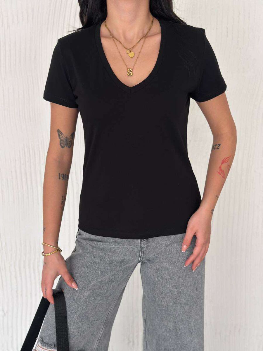 ONE COLOR V NECK SIMPLE WOMEN T-SHIRT BLACK/ E ZEZE - 1