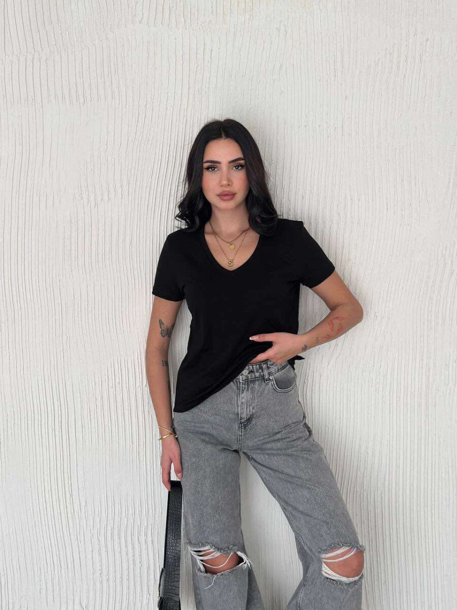 ONE COLOR V NECK SIMPLE WOMEN T-SHIRT BLACK/ E ZEZE - 5