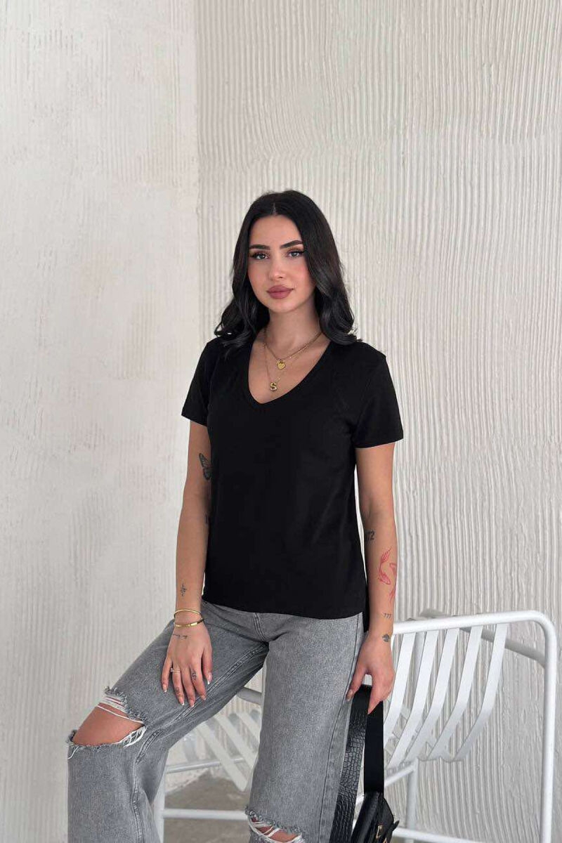 ONE COLOR V NECK SIMPLE WOMEN T-SHIRT BLACK/ E ZEZE - 3