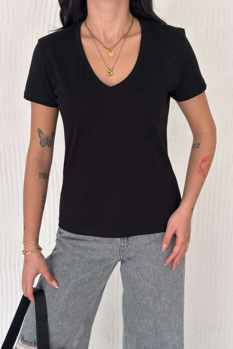 ONE COLOR V NECK SIMPLE WOMEN T-SHIRT BLACK/ E ZEZE - 4