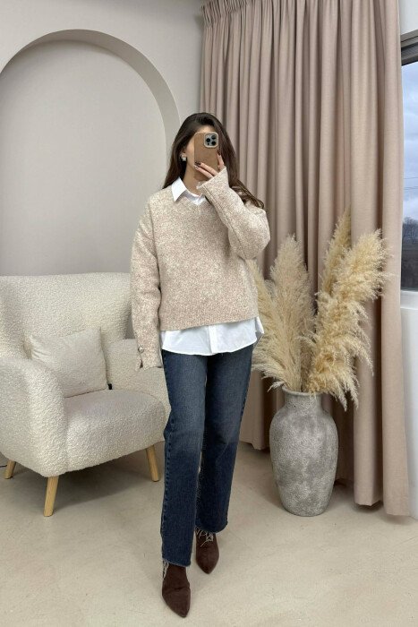 V NECK SLEEVE BUTTONS WOMEN SWEATER BEIGE/BEZHE - KLAUDIO FASHION