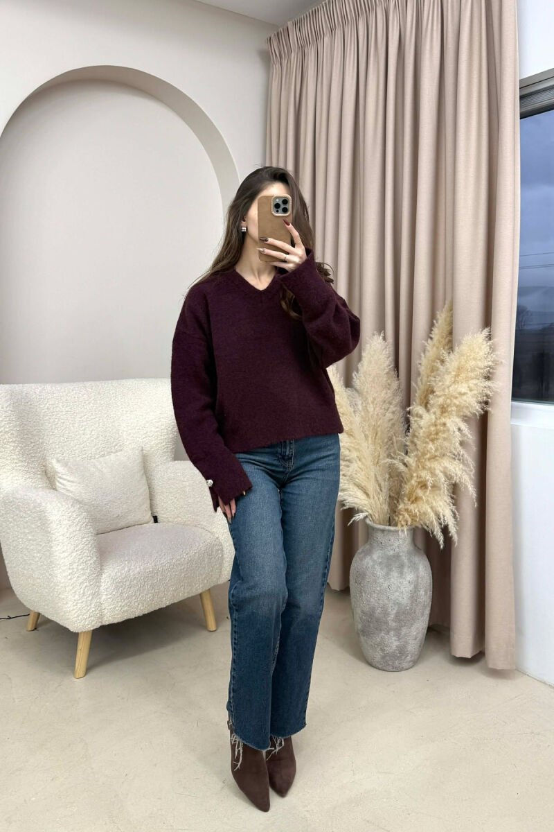 V NECK SLEEVE BUTTONS WOMEN SWEATER BURGUNDY/VISHNJE - 1