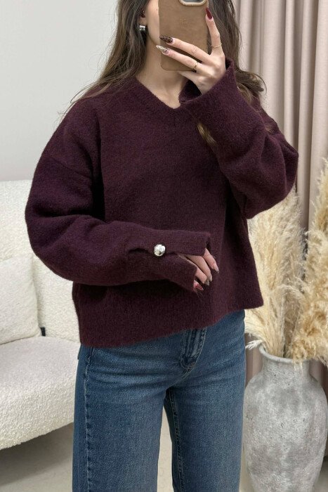 V NECK SLEEVE BUTTONS WOMEN SWEATER BURGUNDY/VISHNJE - 2