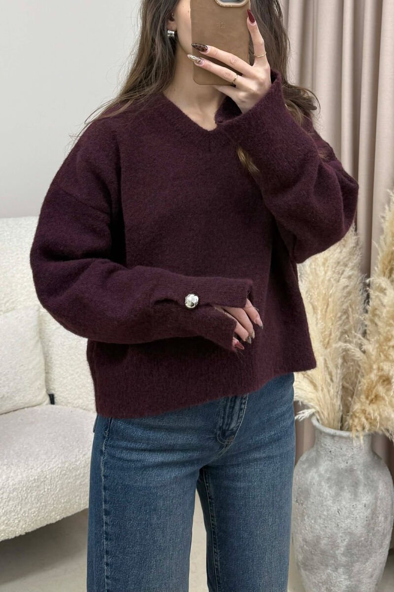 V NECK SLEEVE BUTTONS WOMEN SWEATER BURGUNDY/VISHNJE - 2