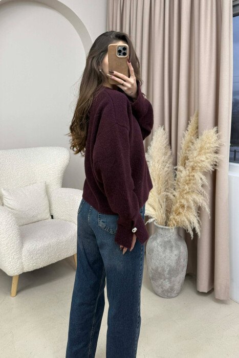 V NECK SLEEVE BUTTONS WOMEN SWEATER BURGUNDY/VISHNJE - 3