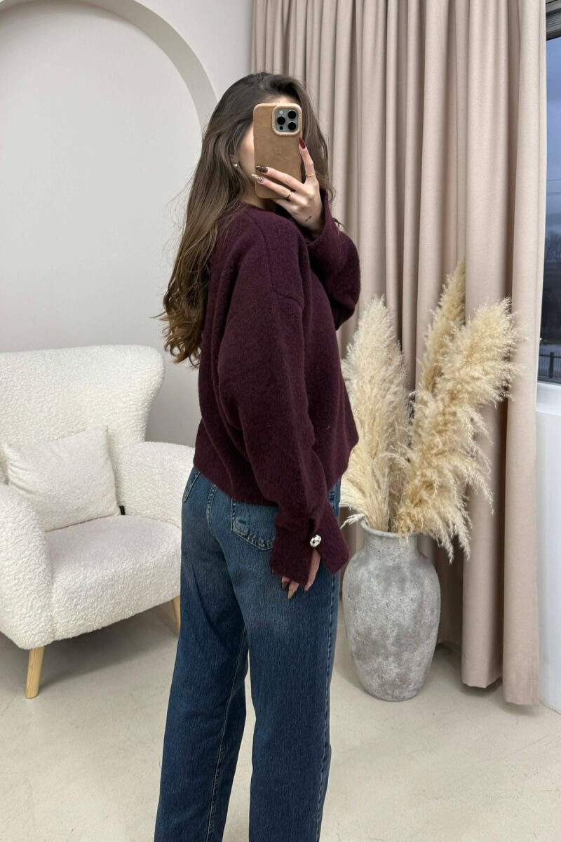 V NECK SLEEVE BUTTONS WOMEN SWEATER BURGUNDY/VISHNJE - 3