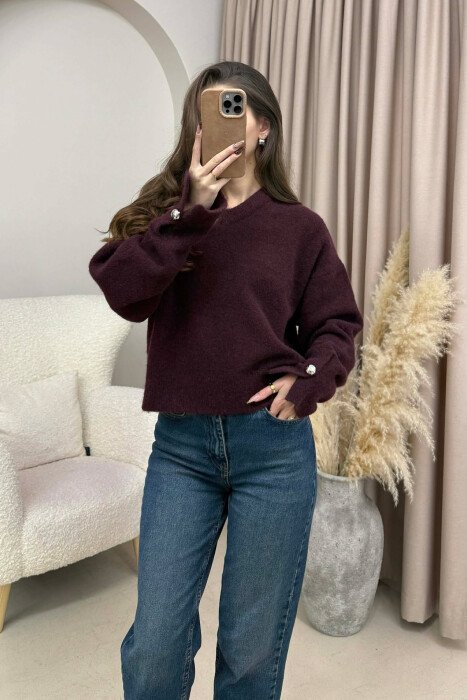 V NECK SLEEVE BUTTONS WOMEN SWEATER BURGUNDY/VISHNJE - 4