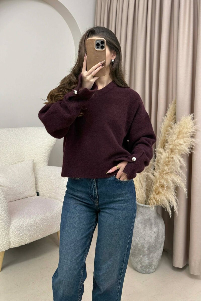 V NECK SLEEVE BUTTONS WOMEN SWEATER BURGUNDY/VISHNJE - 4
